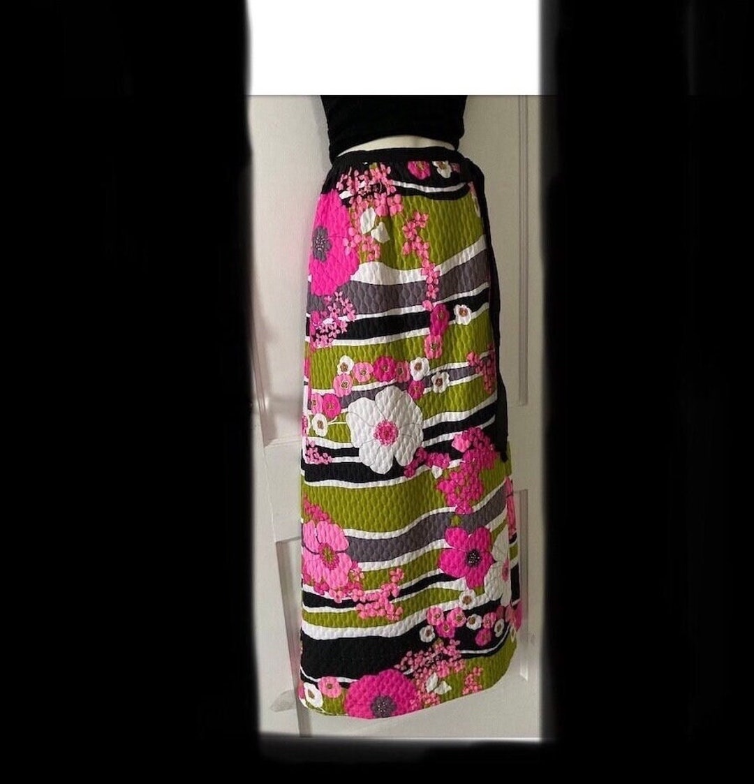 Vintage 60s 70s Black Floral Print Maxi Skirt 4