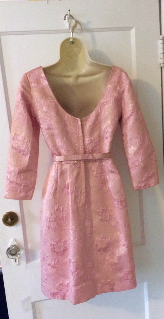 Pink Vintage Belted Brocade Dress - Pink/Gold Flo… - image 9