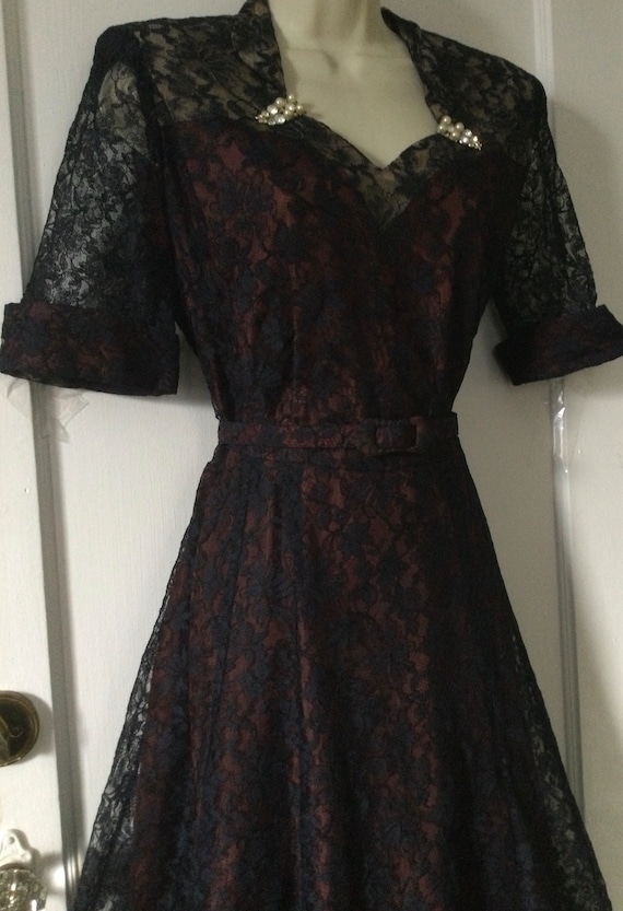 Blue 1940’s Vintage Belted Lace Dress - Dark Navy… - image 8