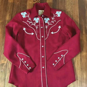 H Bar C California Ranchwear 1970’s Vintage Contrast Piping/Embroidery Burgundy Colored Men’s Western Shirt