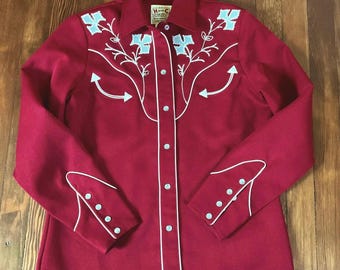 Vintage 1970s H Bar C Western Shirt: Burgundy Floral Embroidery, Size 34