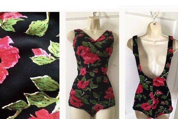 Floral Vintage MAIDENFORM Swimsuit - Black/Fuchsi… - image 1