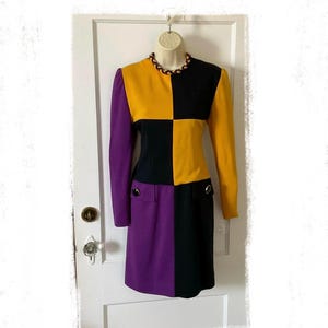 1980’s Vintage Colorblock Wool Dress - Yellow/Purple/Black Colorblock Drop-Waist Long Sleeve Wool Knit DAVID MOLHO Dress for Neiman Marcus
