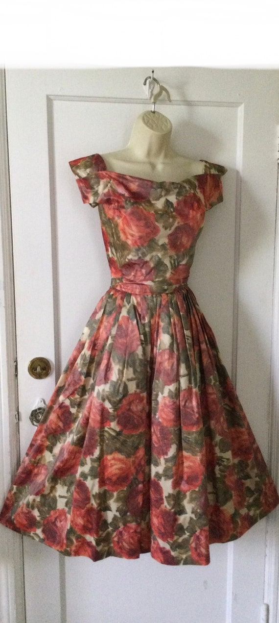 HELGA Rust/Olive Floral 1950’s Fit-and-Flare Dres… - image 5