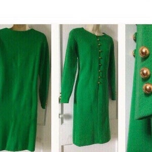 Bobbie Brooks Vintage Wool Dress Kelly-Green Double Knit Virgin Wool Long-Sleeve Gold Buttoned 1960s Vintage Shift Dress by BOBBIE BROOkS image 1