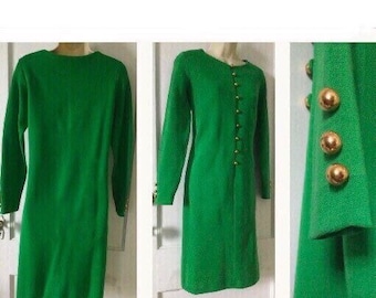 Bobbie Brooks Vintage Wool Dress - Kelly-Green Double Knit Virgin Wool Long-Sleeve Gold Buttoned 1960’s Vintage Shift Dress by BOBBIE BROOkS