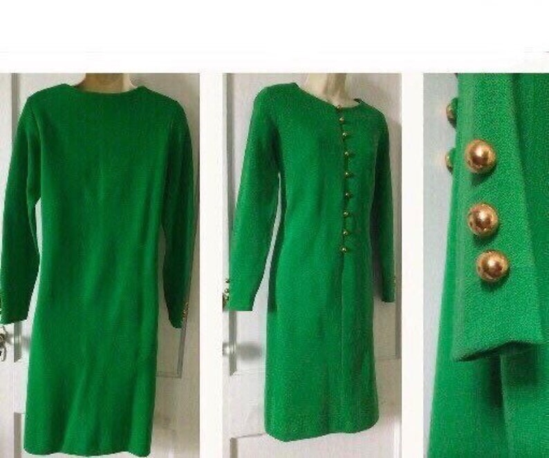 Bobbie Brooks Vintage Wool Dress Kelly-Green Double Knit Virgin Wool Long-Sleeve Gold Buttoned 1960s Vintage Shift Dress by BOBBIE BROOkS image 1