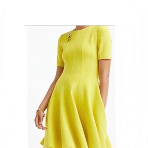 Oscar De La Renta Short Sleeve Flared Panel Dress - Lemon Yellow Crepe Woolblend Circular Cut Panel Fit and Flare OSCAR De La RENTA Dress