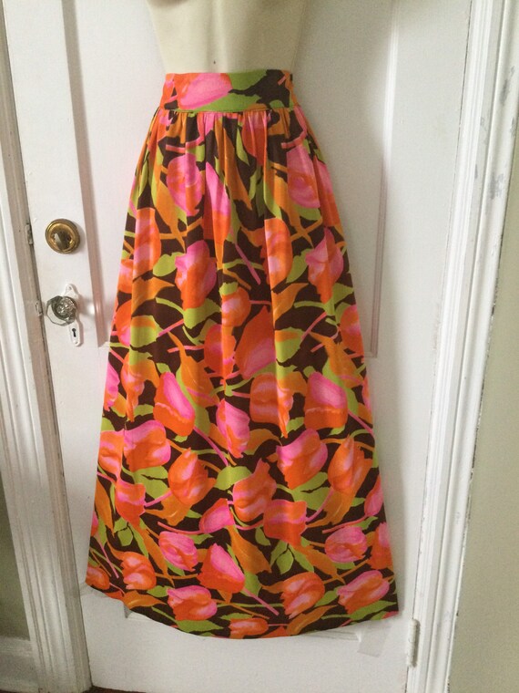 Floral 1970’s Vintage Maxi Skirt - Tangerine/Pink… - image 10