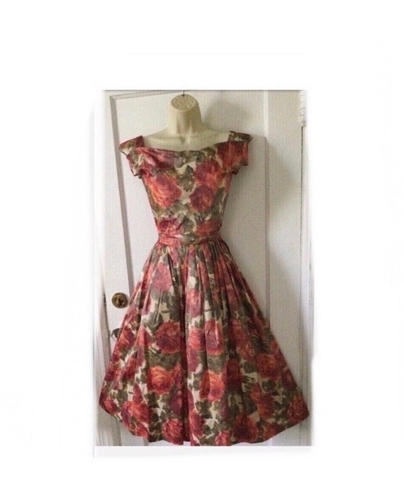 HELGA Rust/Olive Floral 1950’s Fit-and-Flare Dres… - image 1