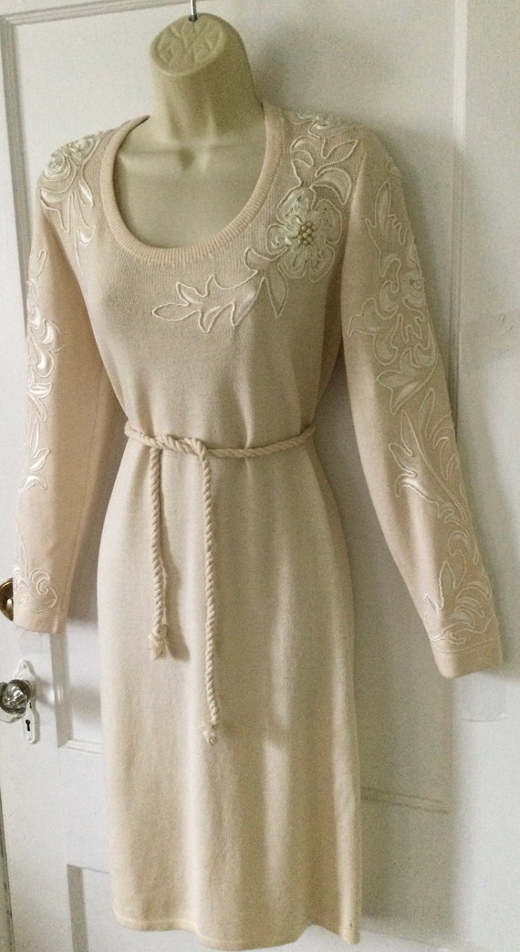 St.john by Marie Gray Vintage Dress Ivory Knit Long Sleeve Late 