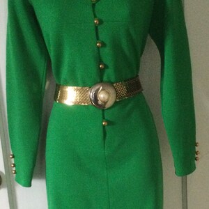 Bobbie Brooks Vintage Wool Dress Kelly-Green Double Knit Virgin Wool Long-Sleeve Gold Buttoned 1960s Vintage Shift Dress by BOBBIE BROOkS image 7