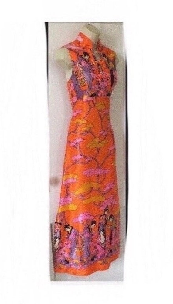 Geisha Ladies Print 1970’s Maxi Dress - Tangerine… - image 2