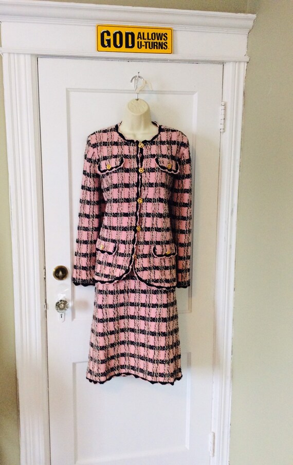 Adolfo Skirt-Suit - Pink/Black/Brown Nubby Boucle