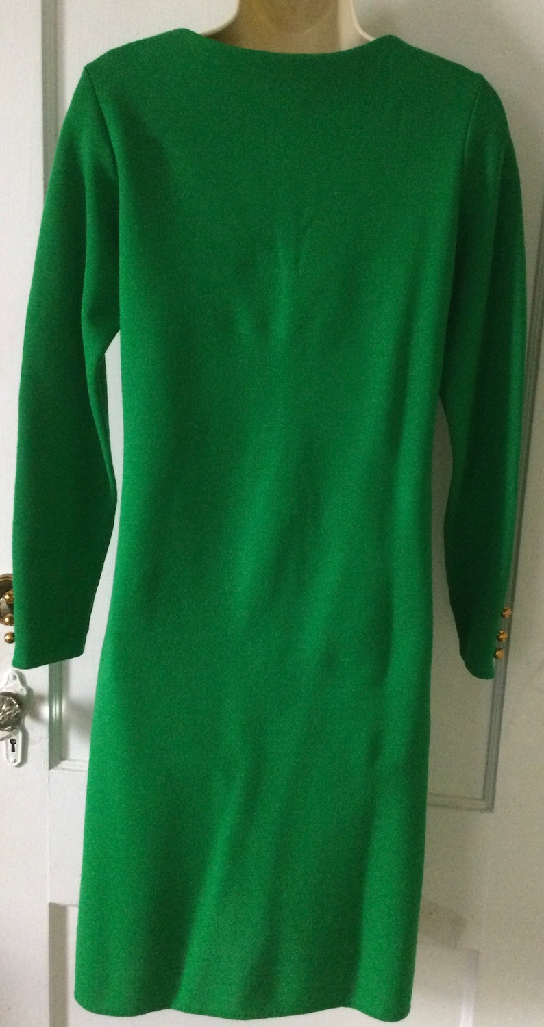 Bobbie Brooks Vintage Wool Dress Kelly-Green Double Knit Virgin Wool Long-Sleeve Gold Buttoned 1960s Vintage Shift Dress by BOBBIE BROOkS image 3