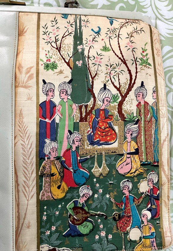 Large Silkscreen Printed Persian/Mughal Scenes 1960’s Vintage Top Handle Attaché Style Square Bag by b.b BERGER View 6