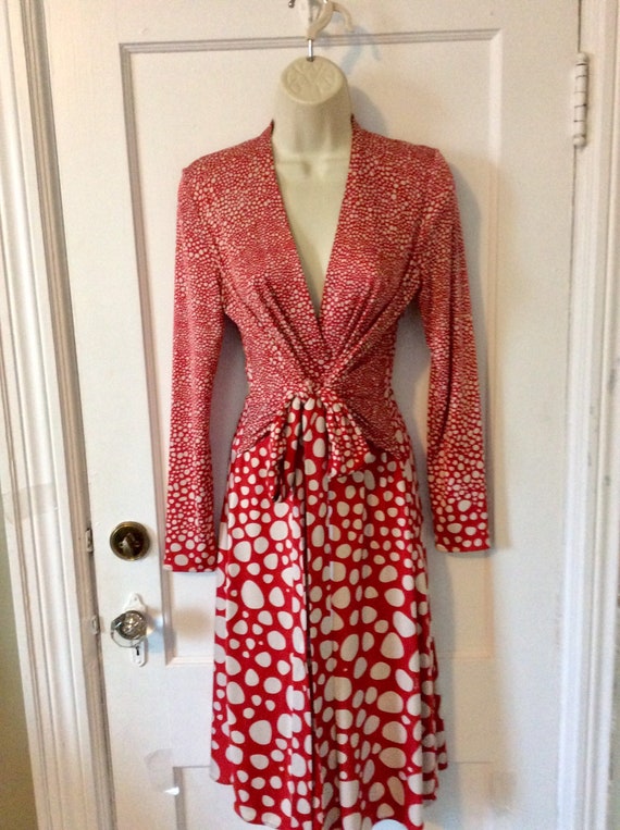 ISSA London Dress - Red/Ivory Waist Tie-Detail Dot-Pr… - Gem