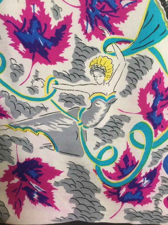 Pink/Blue Dancers Print Silk Vintage Scarf - Fuch… - image 2