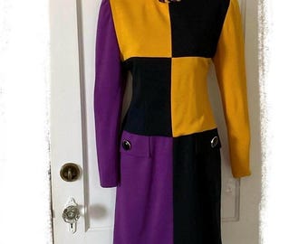 1980’s Vintage Colorblock Wool Dress - Yellow/Purple/Black Colorblock Drop-Waist Long Sleeve Wool Knit DAVID MOLHO Dress for Neiman Marcus