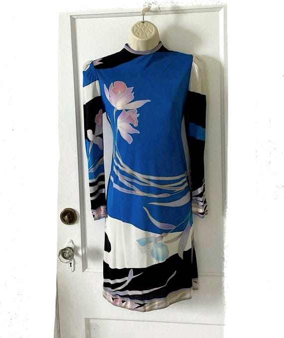 vintage jersey dress 1960s LEONARD Floral Dress: Mod Long Sleeve, Size 4 DRESS SHIRT