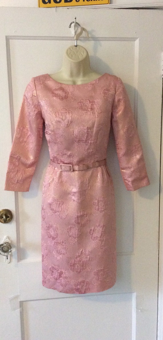 Pink Vintage Belted Brocade Dress - Pink/Gold Flo… - image 3