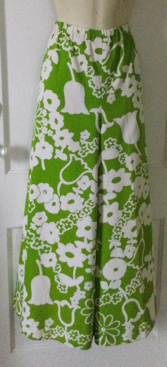 Green/White Floral Cotton 1970’s Vintage Wide-Leg… - image 8