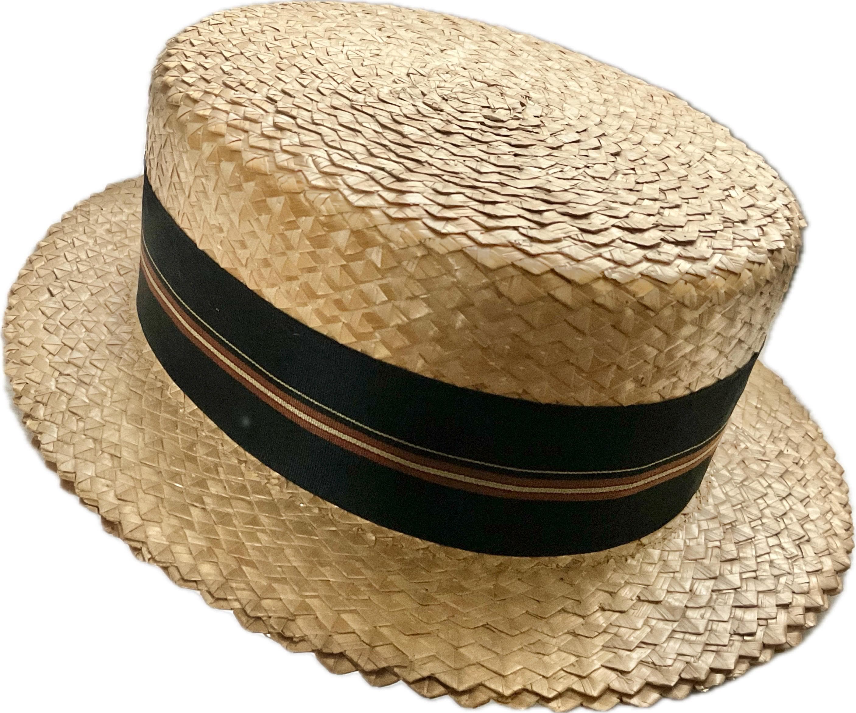 Vintage Sennit Straw Boaters Hat: 1950s Flat Top Grosgrain Ribbon ...