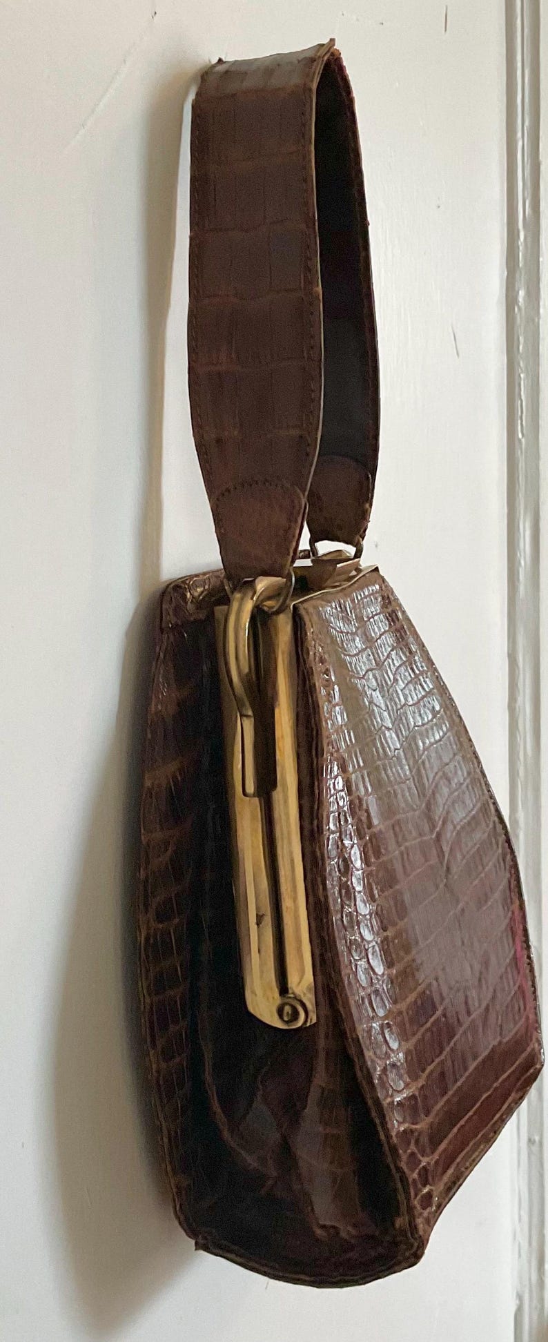 Vintage 1950s Croc Leather Bag - UNIKEL'S Brass Frame Single Strap Handbag bild 3