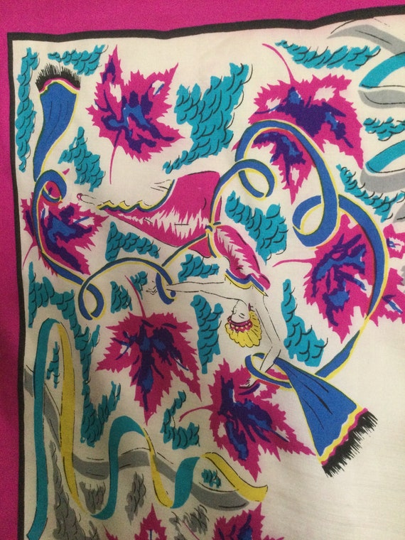 Pink/Blue Dancers Print Silk Vintage Scarf - Fuch… - image 7