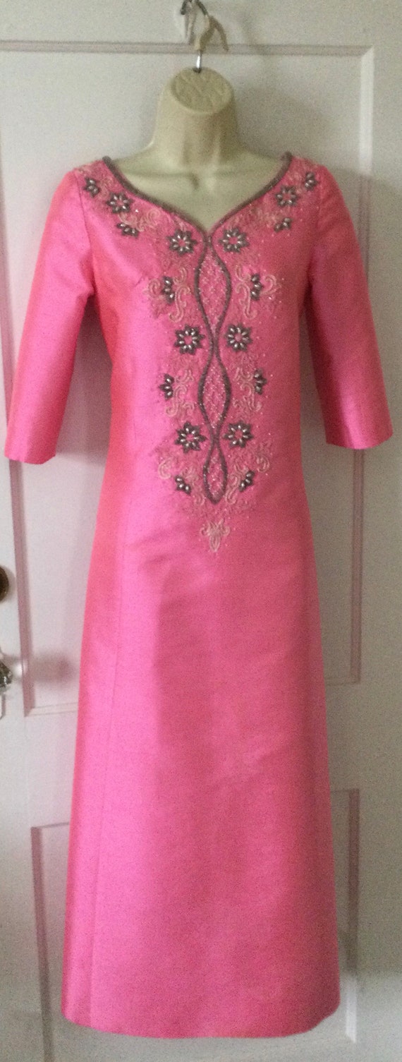Pink Silk Beaded 1960’s Maxi Dress - Candy- Pink … - image 2