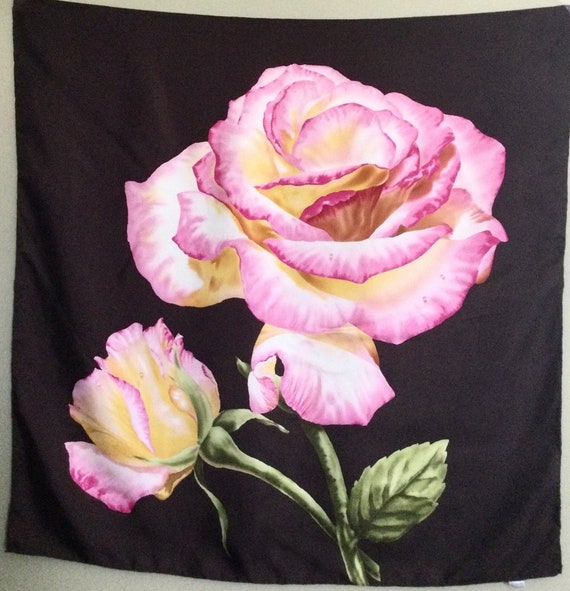 Brown/Pink Roses-Print 1980’s Vintage Silk Square 