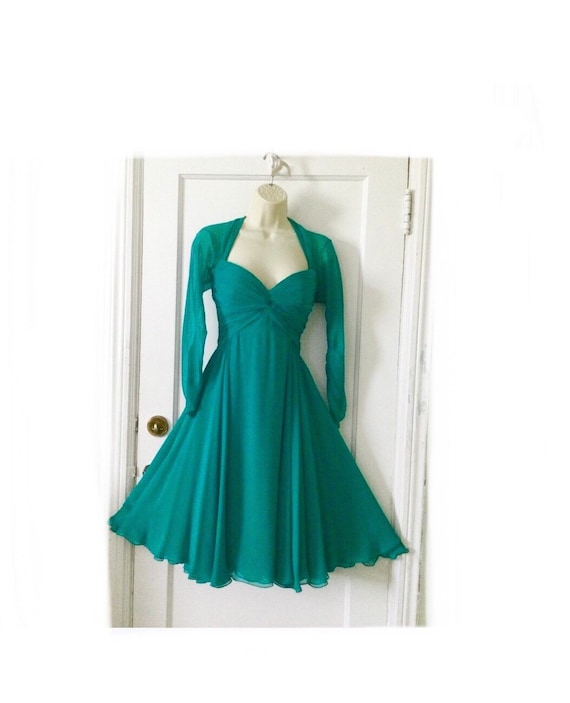 BOB MACKIE Teal-Green Silk 3/4-Sleeve Vintage Dres