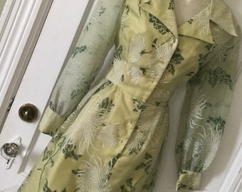Green Alfred Shaheen Floral Dress - Green Floral 1970’s Vintage Long Sleeve Hawaiian Midi Dress by ALFRED SHAHEEN