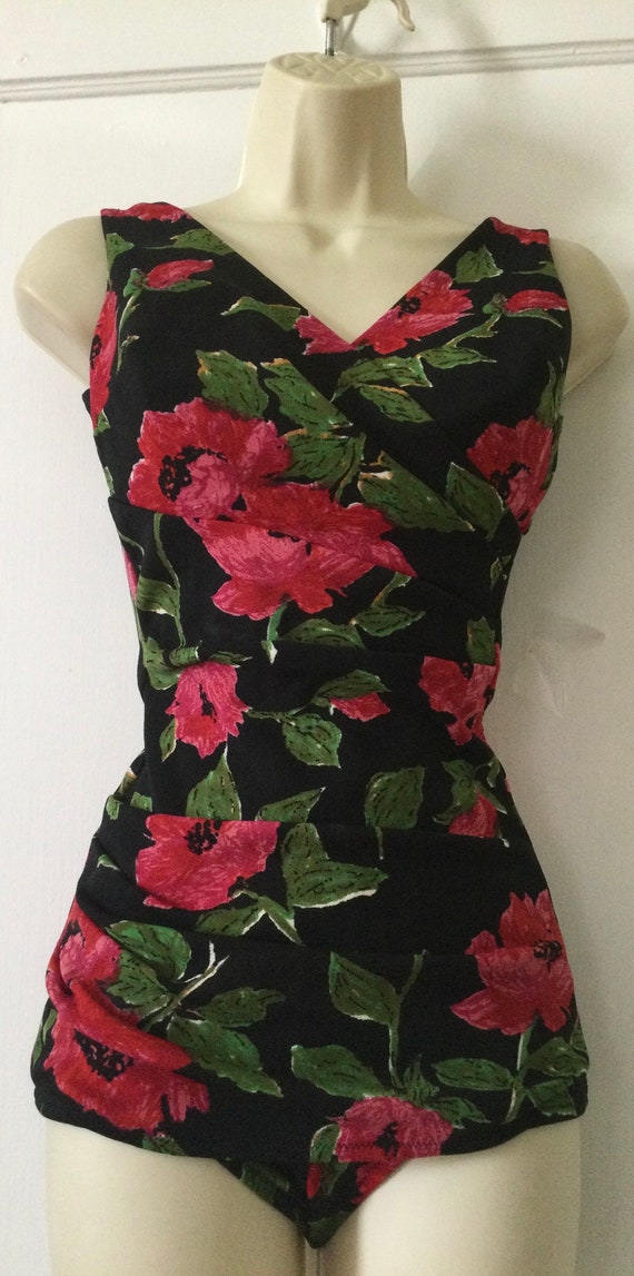 Floral Vintage MAIDENFORM Swimsuit - Black/Fuchsi… - image 4