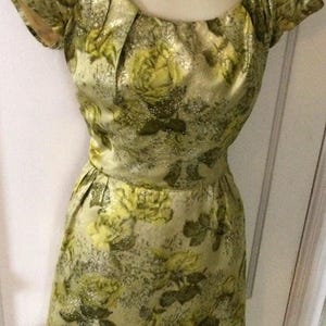 Green/Gold VENDOME Silk Vintage Dress - Olive Green/Gold WaterColor Floral Silk 1960’s Vintage Sheath Dress by VENDOME for Kaufmann’s