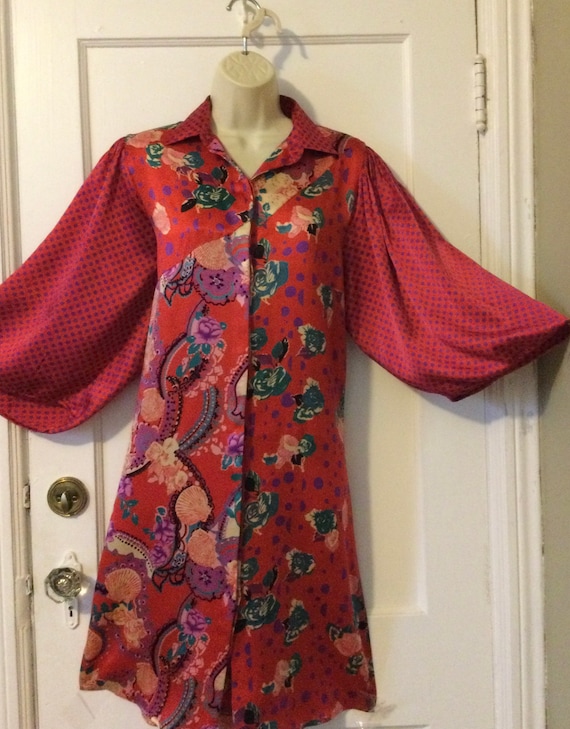 Red Silk DIANE FREIS Shirt Dress - RED Dot/Floral… - image 4