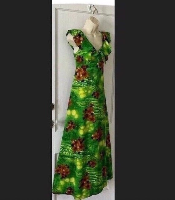 POMARE Floral Hawaiian Aloha Maxi Dress - Green/Br