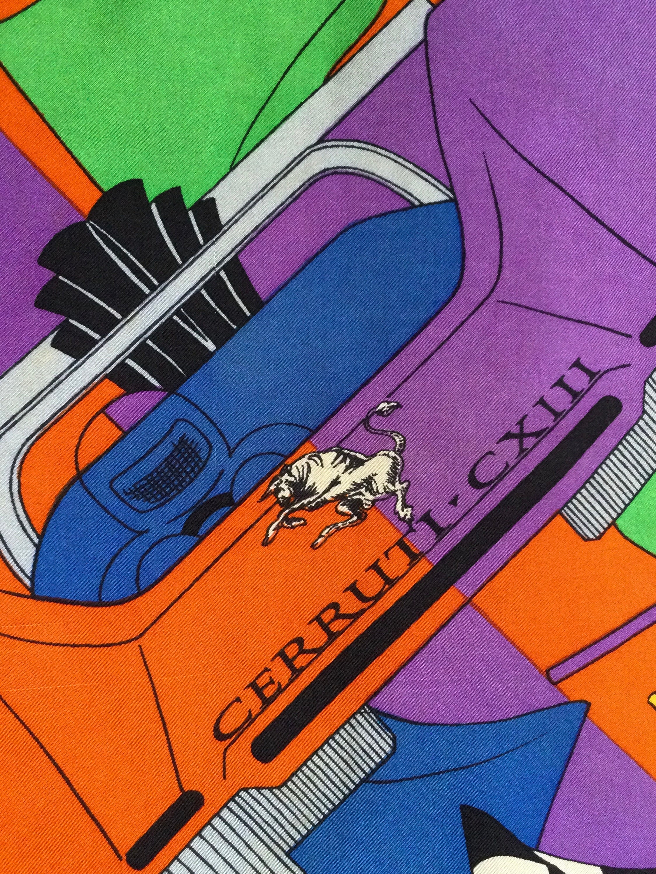 CERRUTI Race Car Print Silk Scarf Orange/purple Racing Car Print