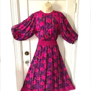 DIANE FREIS Floral Silk Puff Sleeve Maxi Dress - Fuchsia/Black Leopard Spot/Floral Puff Sleeves 1980’s Vintage Diane Freis Silk Maxi Dress