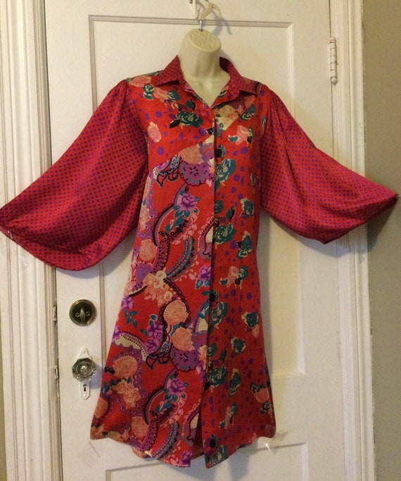 Red Silk DIANE FREIS Shirt Dress - RED Dot/Floral… - image 7