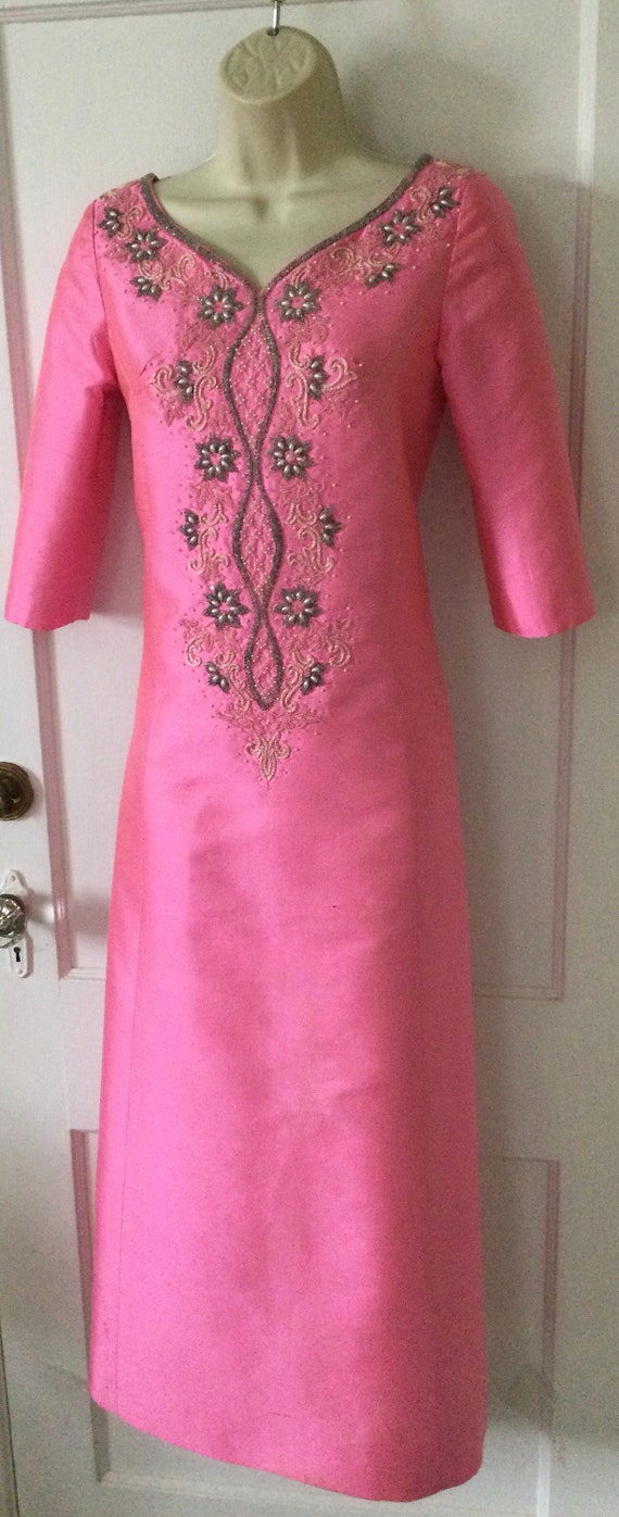 Pink Silk Beaded 1960’s Maxi Dress - Candy- Pink … - image 3