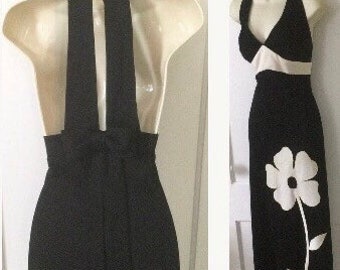 1960’s Vintage Halter Maxi Dress - Black/White Flower Appliqué 1960’s Vintage Knit Halter Maxi  Dress