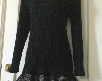 UNGARO Vintage Black Knit Dress - Black Wide Ribbed Knit Long Sleeve 1980’s Vintage Dress by UNGARO Paralléle - Paris