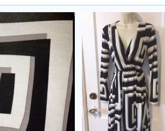 DVF Deianira Dress - Ivory/Black/Grey Geometric-Print Drawstring-Waist Jersey Silk DEIANIRA Dress by Diane Von Furstenberg Size 4