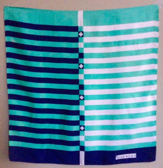 Vintage Givenchy Scarf - Green/Blue Striped Geome… - image 2