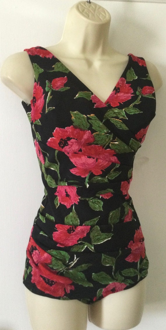 Floral Vintage MAIDENFORM Swimsuit - Black/Fuchsi… - image 7