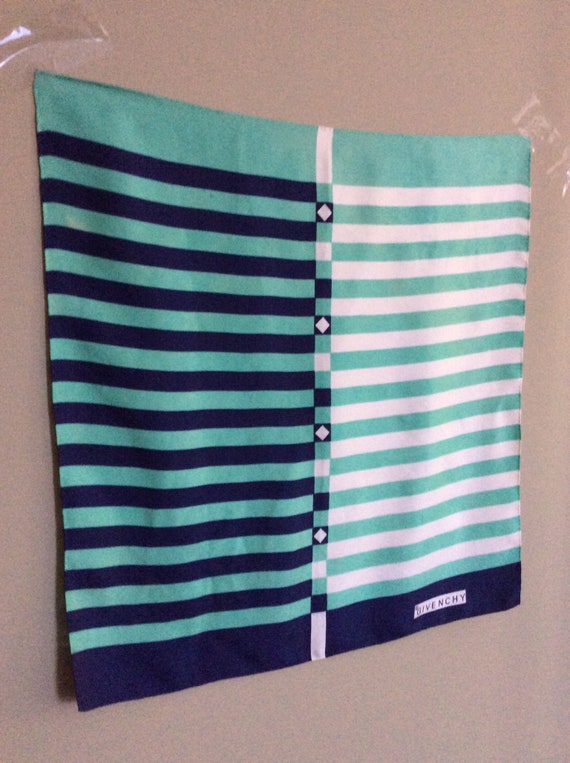 Vintage Givenchy Scarf - Green/Blue Striped Geome… - image 4