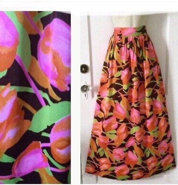 Floral 1970’s Vintage Maxi Skirt - Tangerine/Pink… - image 1