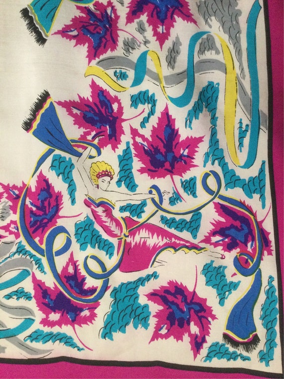 Pink/Blue Dancers Print Silk Vintage Scarf - Fuch… - image 5
