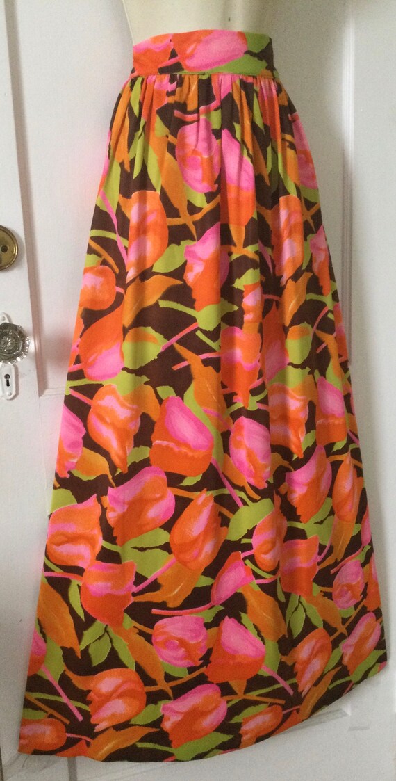 Floral 1970’s Vintage Maxi Skirt - Tangerine/Pink… - image 2